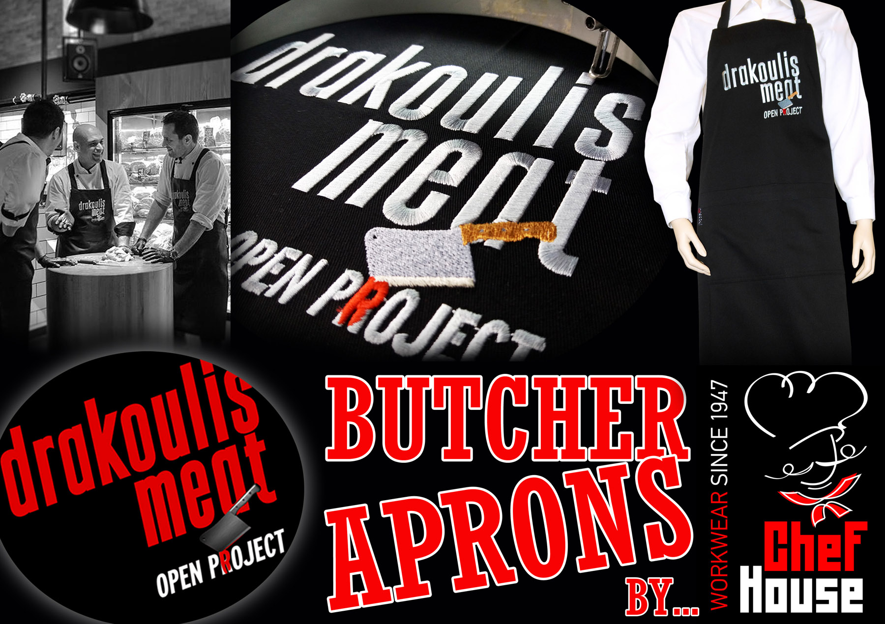 Embroidery Drakoulis meat on bib butcher aprons by Chef House Workwear